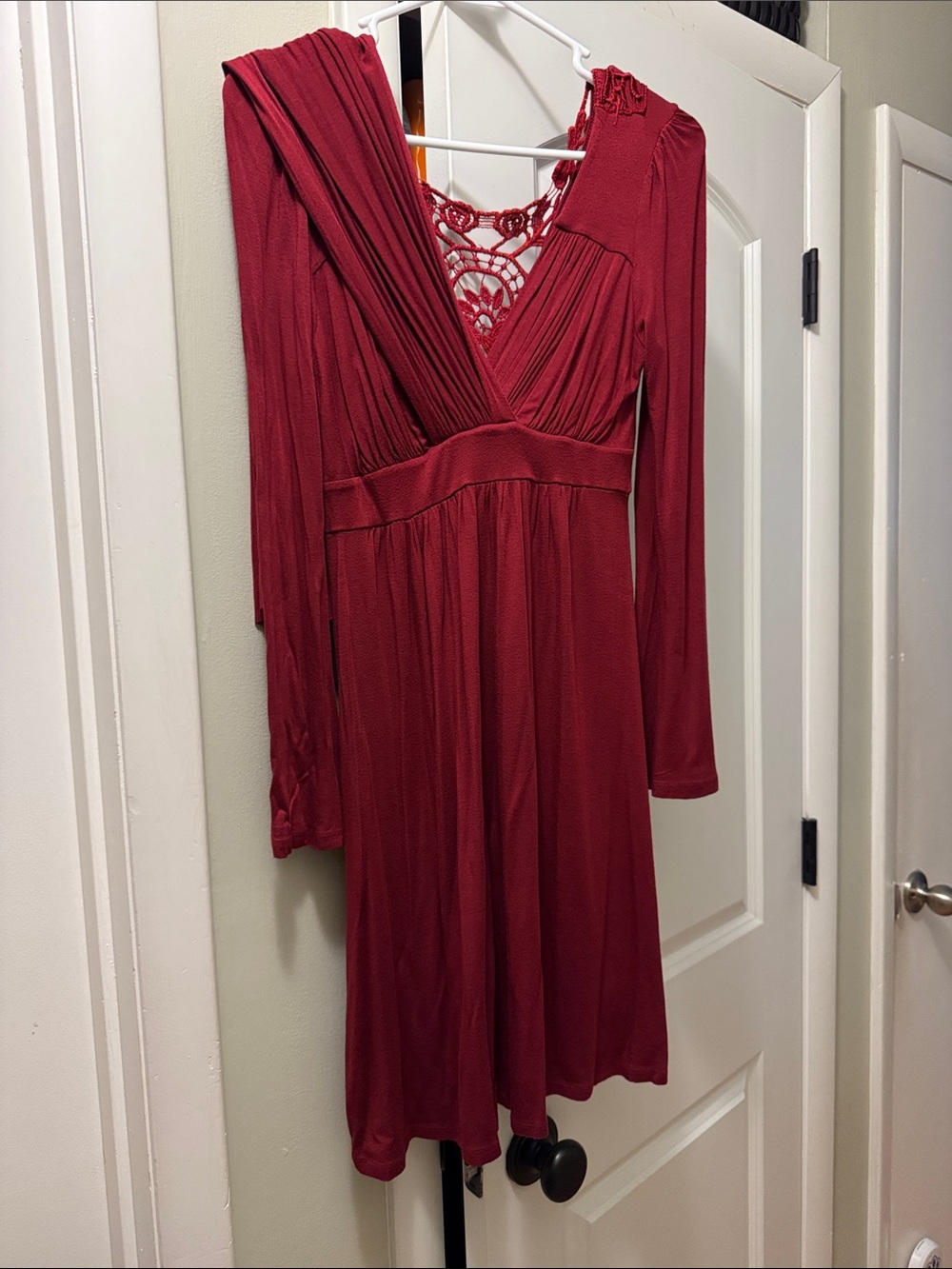 S-Twelve Crimson Long-Sleeve V-Neck Dress with Crochet Back
